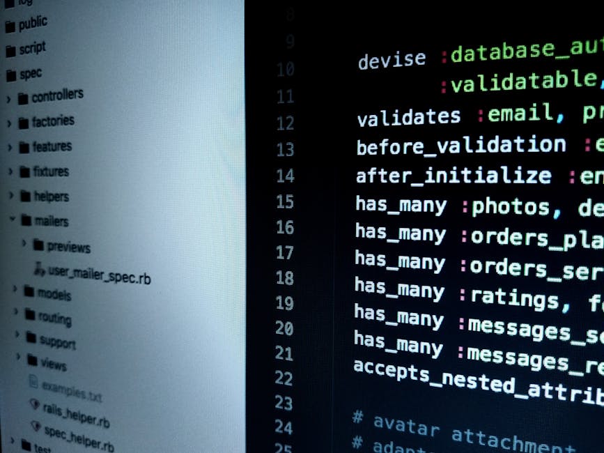 The image depicts a close-up view of a computer screen displaying lines of programming code with syntax highlighting in various colors such as green, blue, purple, and white, reflecting a coding envir